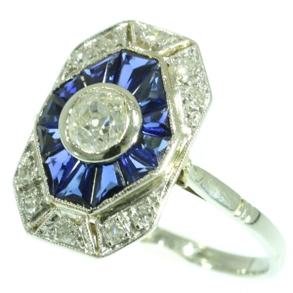 French Art Deco gold and platinum diamond sapphire estate engagement ring